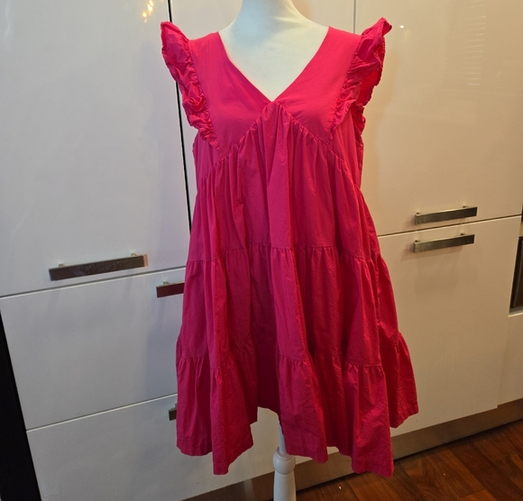 Cotton Tiered Ruffle Peasant Boho Sleeveless Dress Pink Size Large - Picture 1 of 11